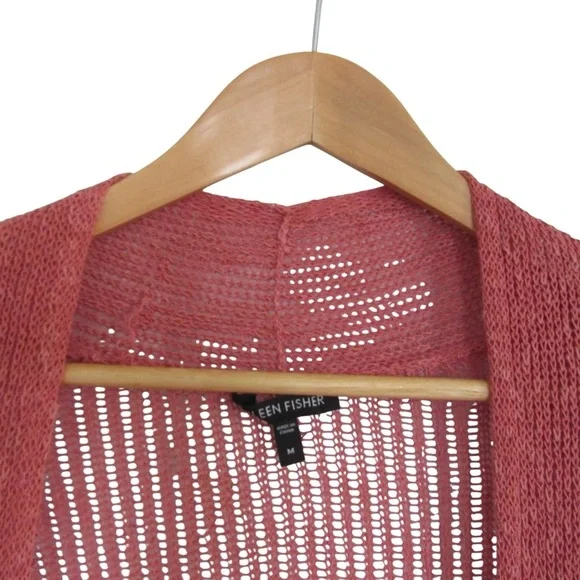 Eileen Fisher Pink Cardigan Medium Airy Linen Grain Rib Open Knit Long Sleeves - Picture 3 of 9